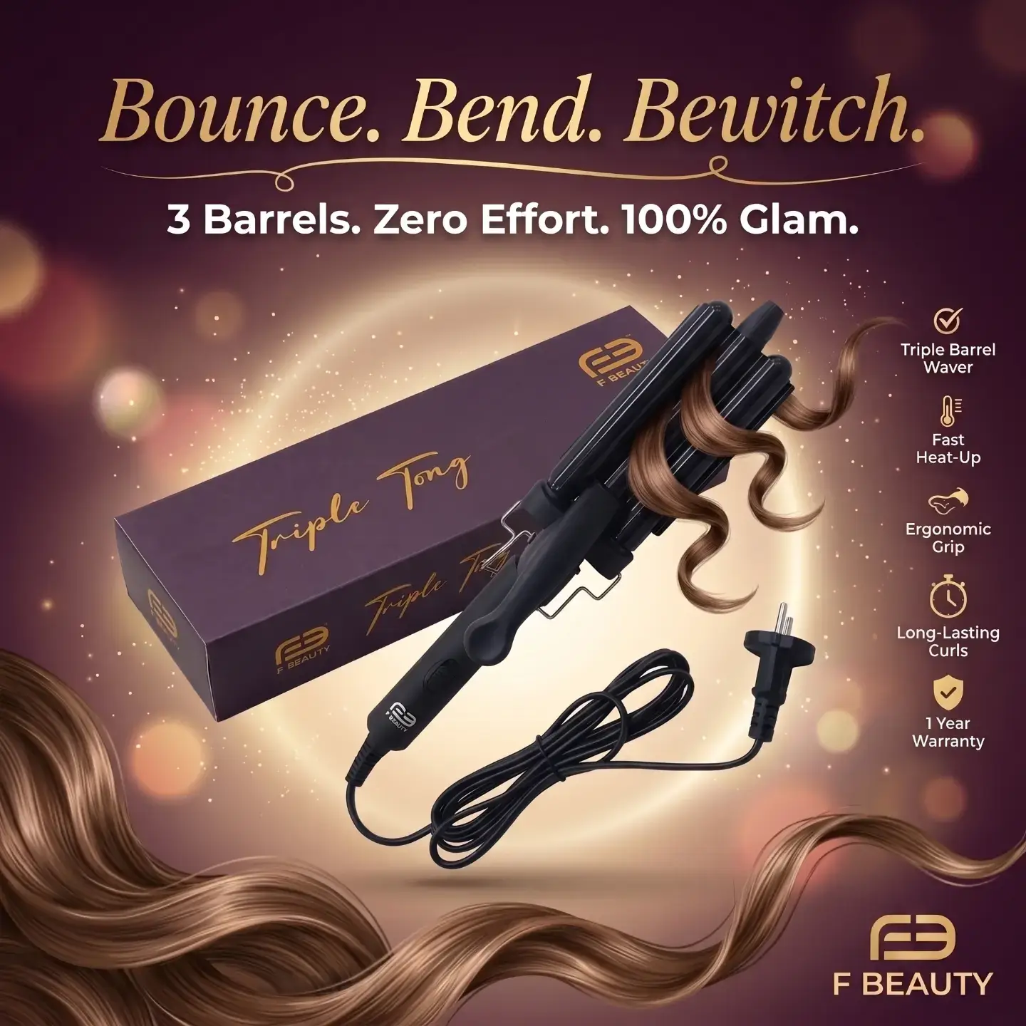 F Beauty Triple Tong feature overview graphic, from the brand's own product listing
